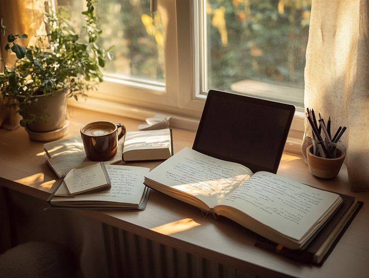 Tidy desk with notebook, plant, and morning coffee in soft daylight